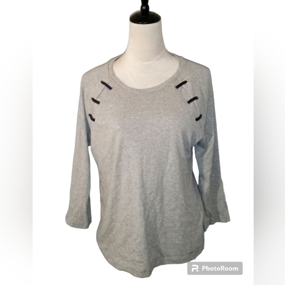 Nautica Gray "Sea Nautical" 100 % Cotton  3/4 Sleeve Top Size M Woman's